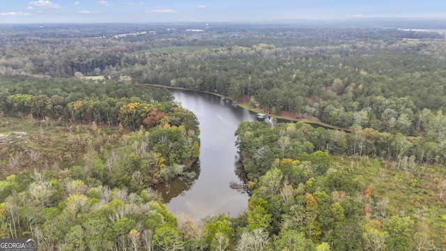 drone / aerial view with a water view and a wooded view