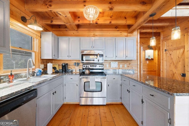 kitchen featuring white cabinetry, stainless steel appliances, sink, and hanging light fixtures