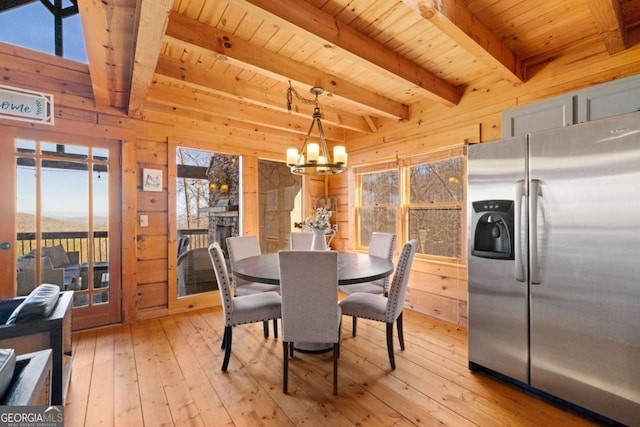 dining area featuring an inviting chandelier, a fireplace, wooden walls, and wooden ceiling