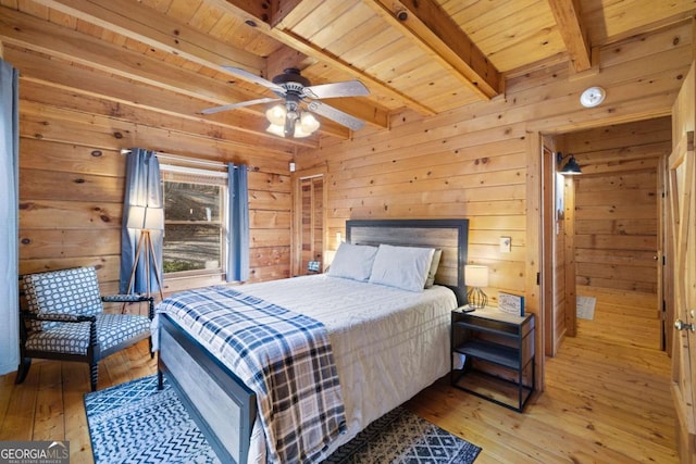 bedroom featuring beam ceiling, wooden walls, wood ceiling, and light hardwood / wood-style flooring