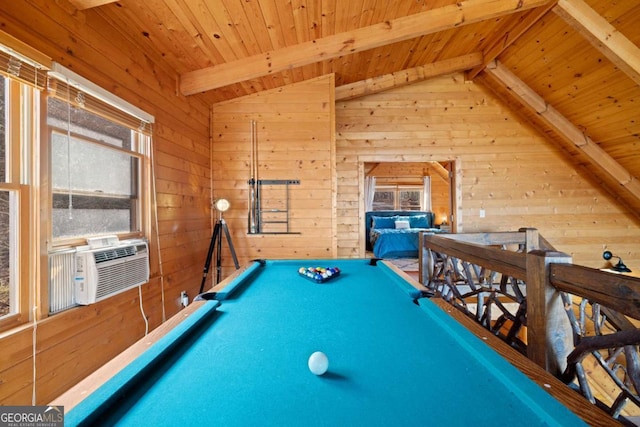 recreation room with vaulted ceiling with beams, cooling unit, wooden ceiling, and wood walls