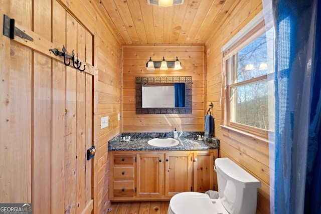 bathroom with wood ceiling, vanity, toilet, and wood walls