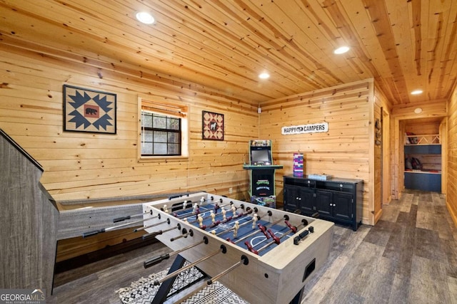 playroom featuring wood ceiling, wood walls, and hardwood / wood-style flooring