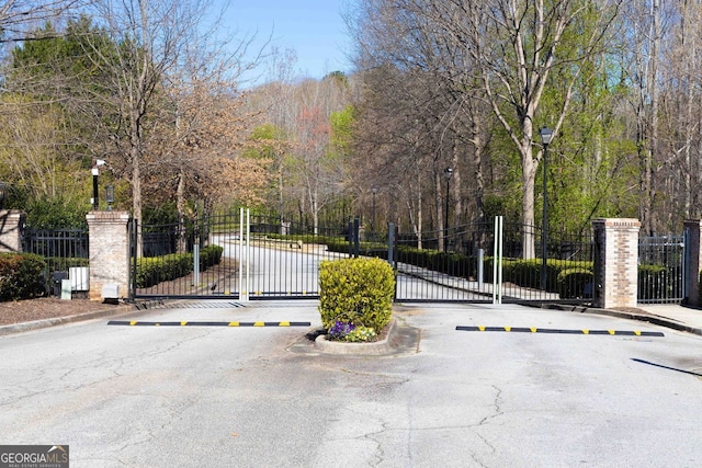 view of street with curbs, street lights, a gated entry, and a gate