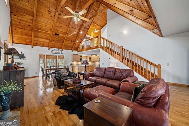 living room with sink, high vaulted ceiling, wooden ceiling, ceiling fan, and beam ceiling