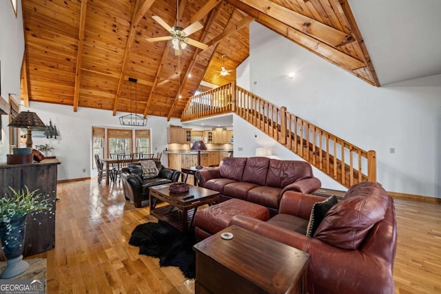 living room featuring high vaulted ceiling, wooden ceiling, beamed ceiling, ceiling fan, and light hardwood / wood-style floors