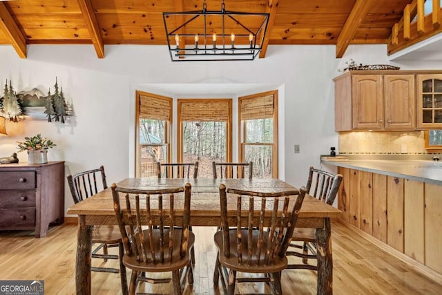 dining room with a chandelier, lofted ceiling with beams, light hardwood / wood-style flooring, and wooden ceiling