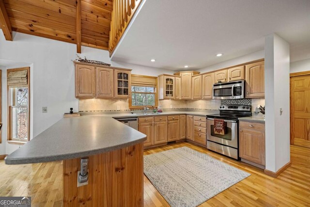 380 Oak Ridge Way, Morganton, GA 30560 - kitchen featuring appliances with stainless steel finishes, a peninsula, light wood-style flooring, glass insert cabinets, and backsplash