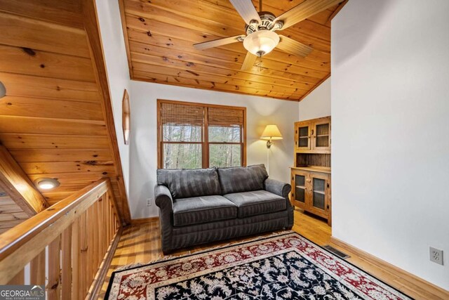 380 Oak Ridge Way, Morganton, GA 30560 - sitting room featuring vaulted ceiling, light wood finished floors, baseboards, ceiling fan, and wood ceiling