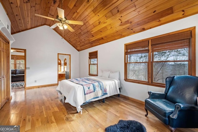 bedroom with wood ceiling, ceiling fan, high vaulted ceiling, and light hardwood / wood-style flooring