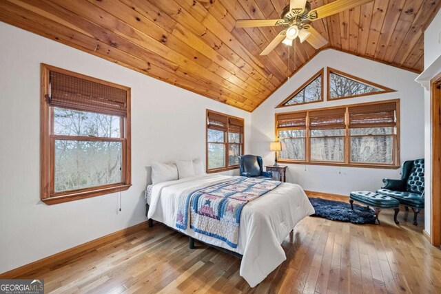 380 Oak Ridge Way, Morganton, GA 30560 - bedroom featuring baseboards, wood-type flooring, vaulted ceiling, wood ceiling, and ceiling fan