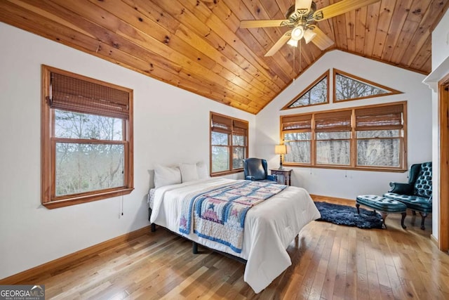 bedroom with ceiling fan, lofted ceiling, hardwood / wood-style floors, and wood ceiling