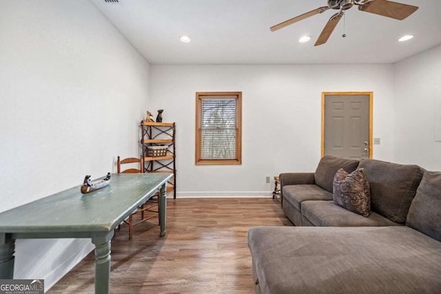 380 Oak Ridge Way, Morganton, GA 30560 - living room with ceiling fan, wood finished floors, baseboards, and recessed lighting
