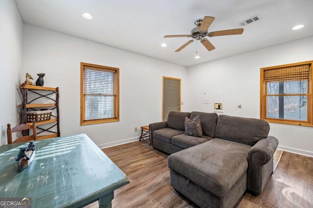 living room with hardwood / wood-style floors and ceiling fan