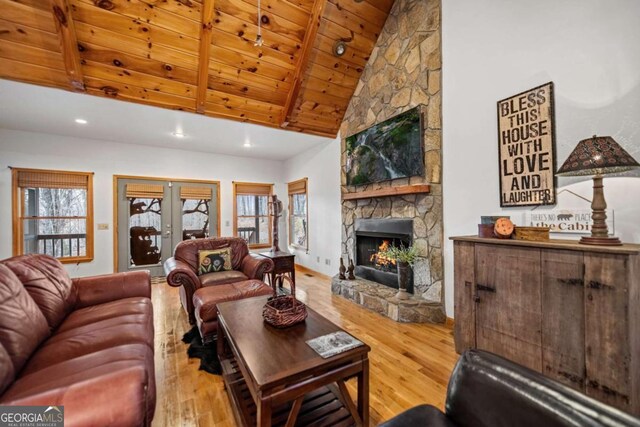 380 Oak Ridge Way, Morganton, GA 30560 - living room featuring wood ceiling, a fireplace, beamed ceiling, wood finished floors, and recessed lighting