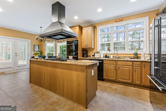 256 Allie Dr, Mcdonough, GA 30252 - kitchen featuring crown molding, a sink, a center island, island range hood, and black appliances