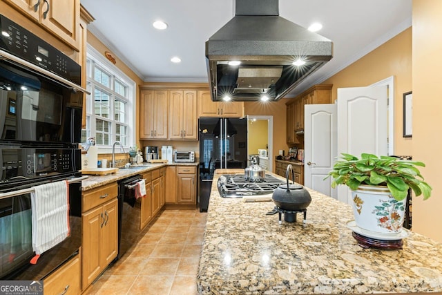 256 Allie Dr, Mcdonough, GA 30252 - kitchen with crown molding, island exhaust hood, a sink, light tile patterned flooring, and black appliances