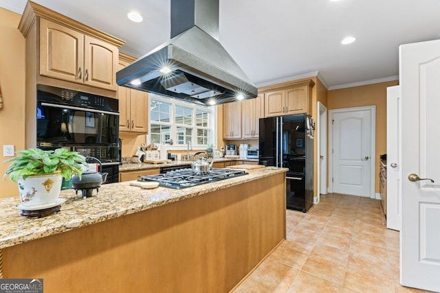 256 Allie Dr, Mcdonough, GA 30252 - kitchen with crown molding, a sink, range hood, light stone countertops, and black appliances