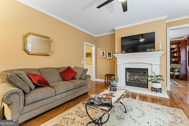 256 Allie Dr, Mcdonough, GA 30252 - living room featuring a ceiling fan, wood finished floors, a glass covered fireplace, baseboards, and ornamental molding