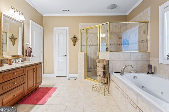 256 Allie Dr, Mcdonough, GA 30252 - bathroom featuring visible vents, crown molding, a shower stall, vanity, and a jetted tub