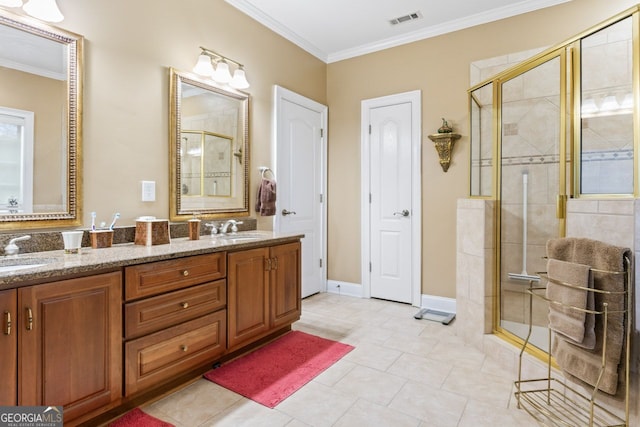 256 Allie Dr, Mcdonough, GA 30252 - full bathroom with a stall shower, visible vents, crown molding, and a sink