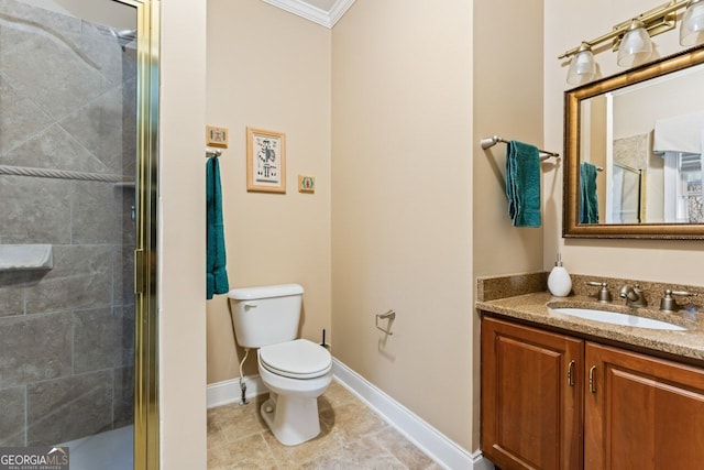 256 Allie Dr, Mcdonough, GA 30252 - bathroom with tile patterned flooring, vanity, toilet, baseboards, and a shower stall