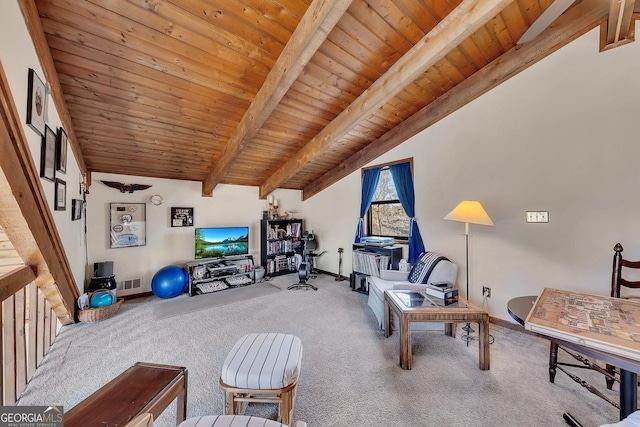 exercise area with carpet floors, visible vents, vaulted ceiling, wooden ceiling, and baseboards