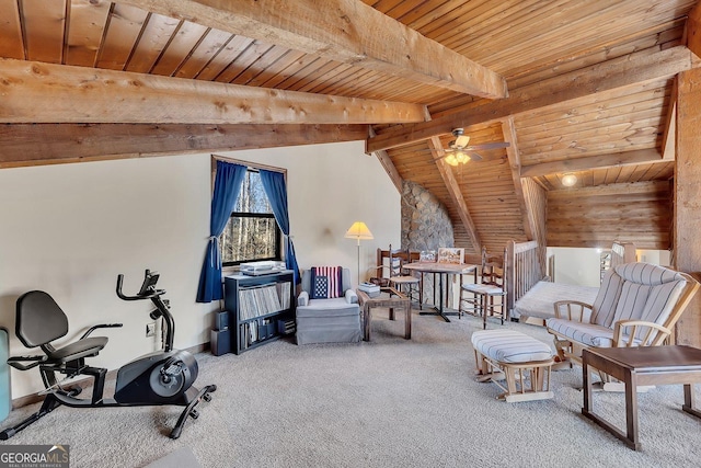 sitting room with carpet floors, wood ceiling, and vaulted ceiling with beams