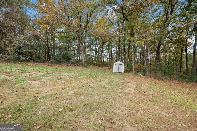 view of yard featuring an outdoor structure and a storage shed