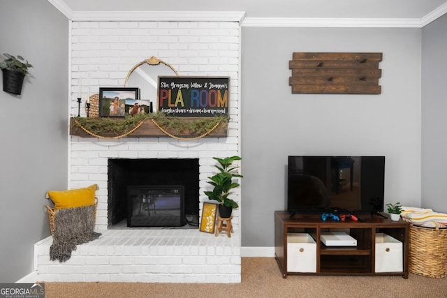carpeted living room featuring a brick fireplace and crown molding