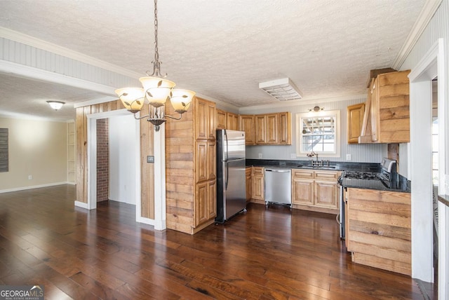 kitchen featuring dark hardwood / wood-style flooring, hanging light fixtures, stainless steel appliances, and sink