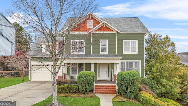 view of front of property with a porch, concrete driveway, roof with shingles, and a garage