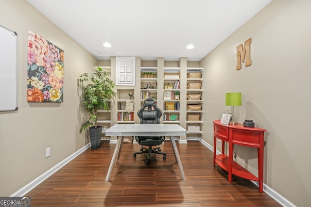 office featuring recessed lighting, baseboards, and wood finished floors