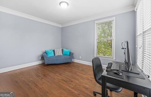 office area with baseboards, ornamental molding, and wood finished floors