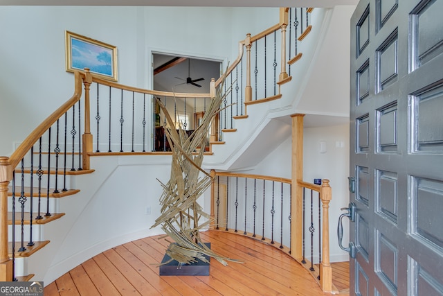 stairway with hardwood / wood-style floors