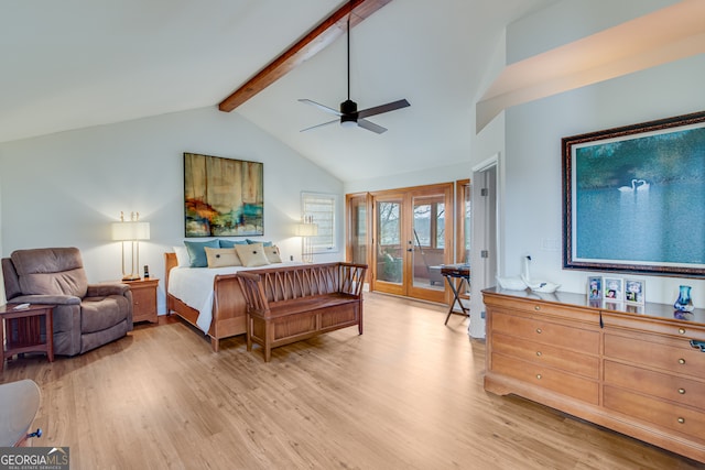 bedroom with french doors, vaulted ceiling with beams, access to outside, ceiling fan, and light hardwood / wood-style floors