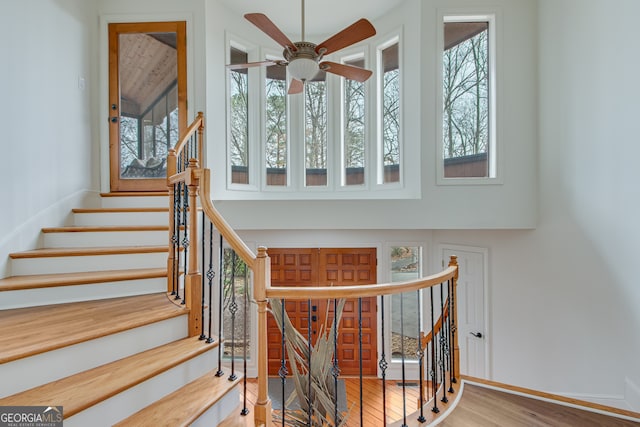 stairs featuring hardwood / wood-style flooring and ceiling fan