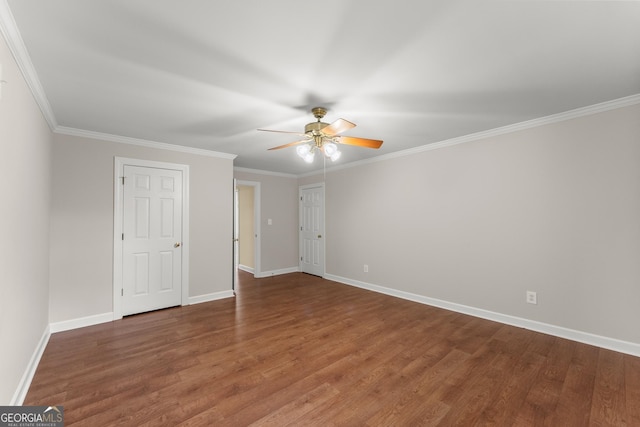 unfurnished bedroom with hardwood / wood-style floors, ornamental molding, and ceiling fan