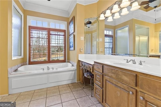 carpeted bedroom with ceiling fan and crown molding