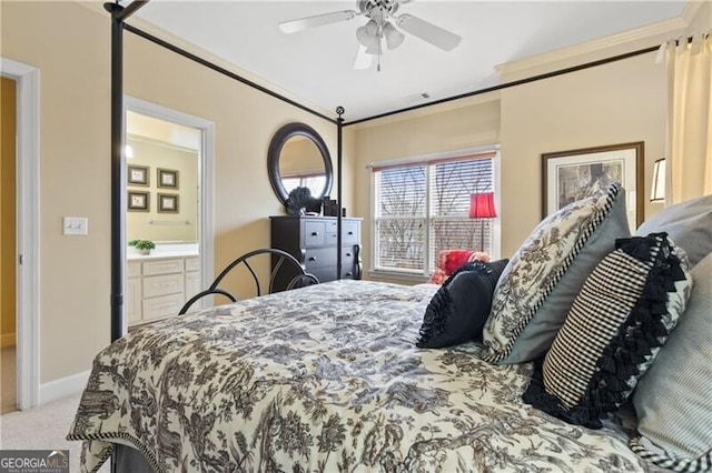 bedroom with baseboards, ornamental molding, ceiling fan, and carpet floors