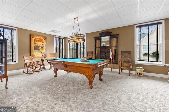 rec room featuring pool table, a fireplace, carpet flooring, baseboards, and a ceiling fan