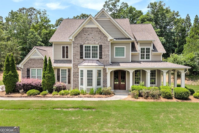 view of front facade with roof with shingles, a front yard, brick siding, and a porch