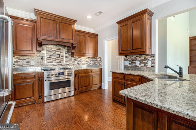kitchen featuring appliances with stainless steel finishes, a sink, light stone counters, dark wood-style floors, and tasteful backsplash