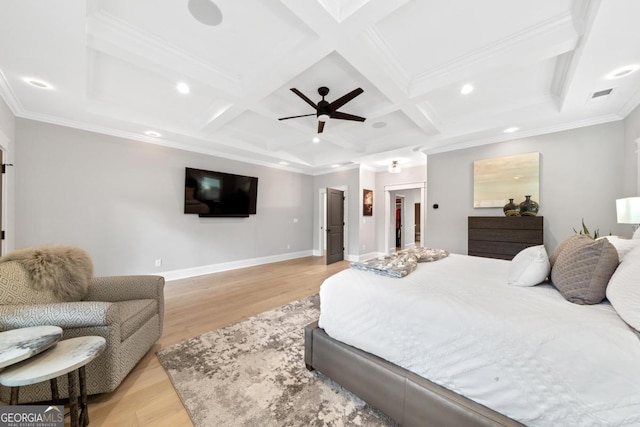 bedroom featuring beamed ceiling, coffered ceiling, and light hardwood / wood-style floors