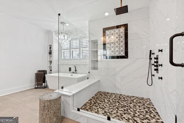 bathroom with independent shower and bath, ornamental molding, and an inviting chandelier