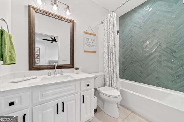 full bathroom with vanity, toilet, tile patterned floors, and shower / bath combo with shower curtain