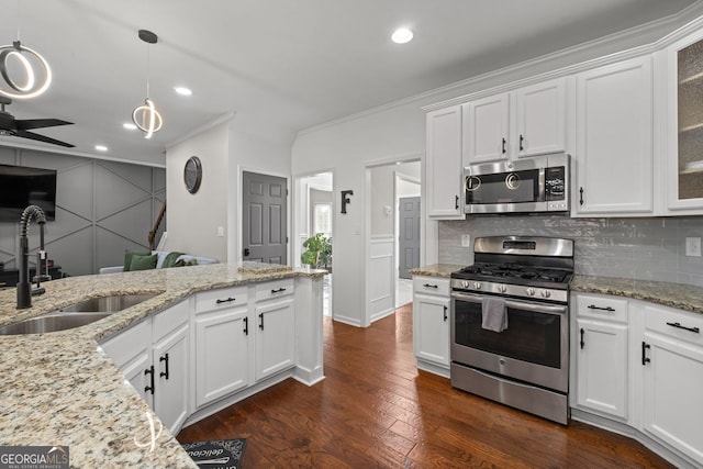 kitchen with stainless steel appliances, a sink, ornamental molding, backsplash, and dark wood-style floors