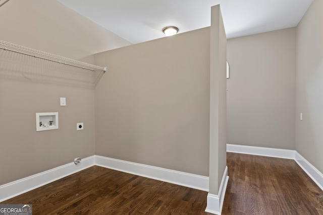 washroom with electric dryer hookup, hookup for a washing machine, and dark wood-type flooring