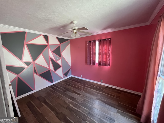 unfurnished bedroom featuring ceiling fan, ornamental molding, dark hardwood / wood-style floors, and a textured ceiling