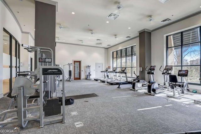 exercise room with ornamental molding and carpet flooring